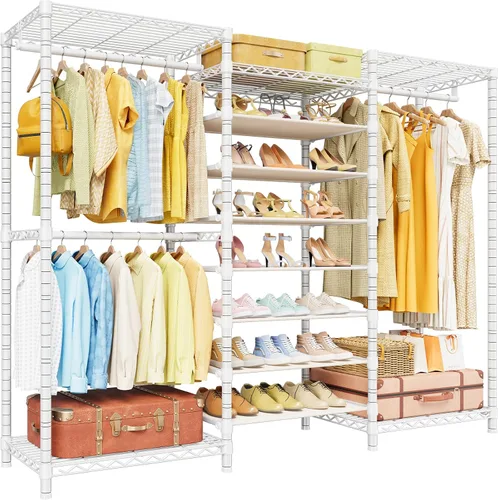 Vista 9 de ULIFHOME E16 - Perchero de ropa resistente (con zapatero ajustable de 7 niveles), perchero independiente para colgar ropa, organizador