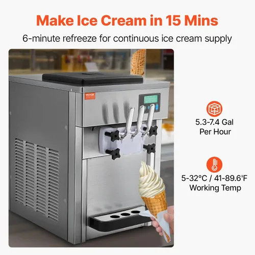 Vista 2 de VEVOR Máquina de helado comercial, 21 QT/H Máquina de helado suave con panel LCD de limpieza automática de 3 sabores preenfriamiento