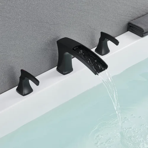 Vista 8 de Grifo de bañera romana, relleno de bañera en cascada, grifos de baño de latón de 3 agujeros con 2 asas Negro