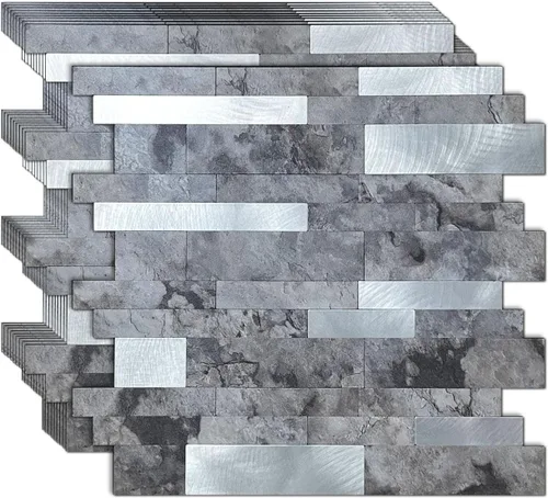 Vista 11 de 10 calcomanías de pared de mosaico de metal de PVC, mármol blanco Mármol blanco+gris esmerilado-2