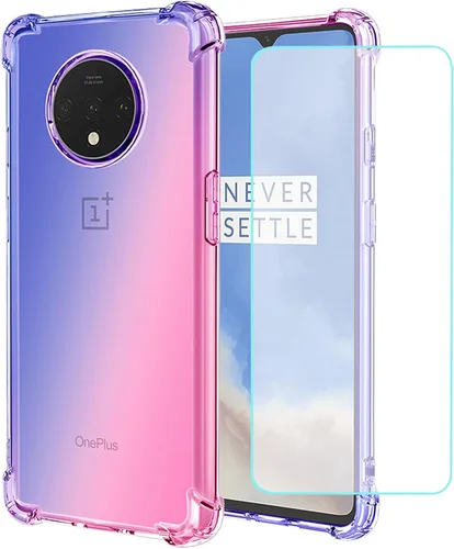 Vista 8 de Funda para OnePlus 7T con protector de pantalla de vidrio templado, lindo degradado transparente delgado, a prueba de golpes, TPU para OnePlus 7T