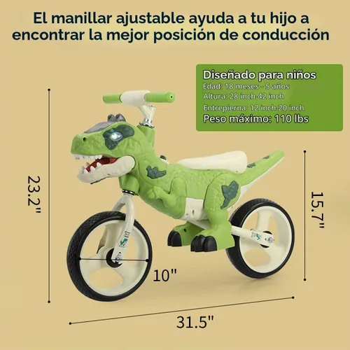 Vista 3 de Juguetes de bicicleta de equilibrio para niños pequeños con temática de dinosaurios para niñas y niños de 3, 4, 5, 6, 7 años - Efectos de música e