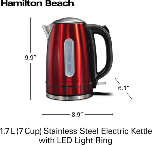 Vista 6 de Hamilton Beach - Tetera eléctrica de té, hervidor y calentador de agua, 1.7 litros, sin cable, 1500 vatios para ebullición rápida, apagado Rojo