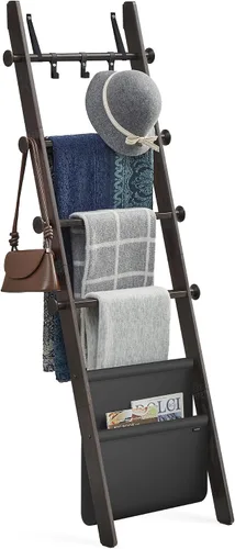Vista 9 de VASAGLE - Escalera para manta, estante de escalera de madera de pino de 5 niveles con bolsa de piel sintética
