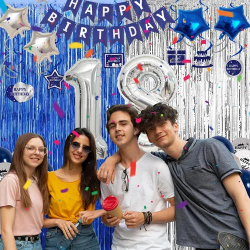 Vista 4 de Decoraciones de cumpleaños número 18 para niños y niñas, decoraciones de feliz cumpleaños número 18, color azul y plateado, incluye pancarta