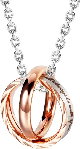 Vista 4 de Urban Jewelry Collar con colgante de doble anillo grabado para parejas para él y para ella