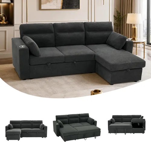 Vista 3 de Sofá seccional en forma de L de 82.5 pulgadas con cama extraíble Gris-oscuro
