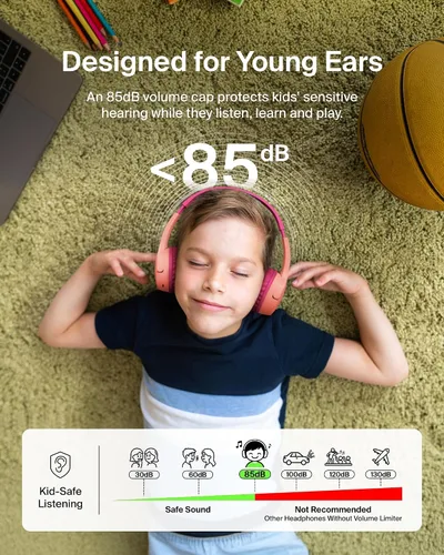 Vista 2 de Belkin SoundForm Mini con estuche - Auriculares inalámbricos Bluetooth para niños con vida útil de batería de 30H, límite de volumen seguro de 85dB