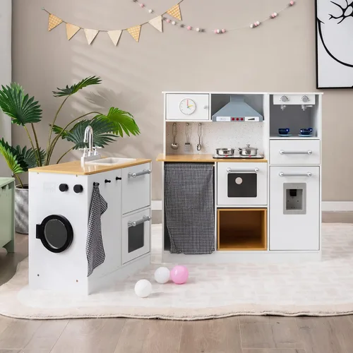 Vista 3 de GLACER Juego de cocina de madera para niños, cocina de juego de simulación de 2 piezas con luces y sonidos realistas, lavadora, dispensador de agua