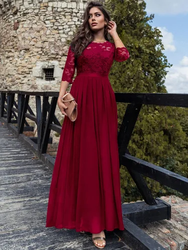 Vista 4 de Miusol Vestido largo formal de dama de honor con encaje floral y manga 34 para mujer