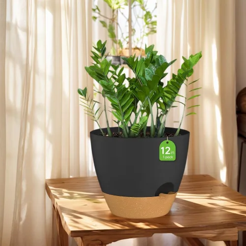 Vista 3 de ZMTECH Maceta de 12 pulgadas, paquete de 1 maceta para plantas de interior, maceta de riego automático con agujeros de drenaje y platillo para negro