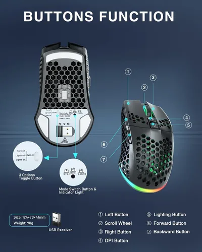Vista 7 de SOLAKAKA SM600 Honeycomb Shell Gaming Mouse inalámbrico, Tri-Modos BT5.12.4G InalámbricoTipo-C Ratón gamer con cable con 2 botones laterales, macro