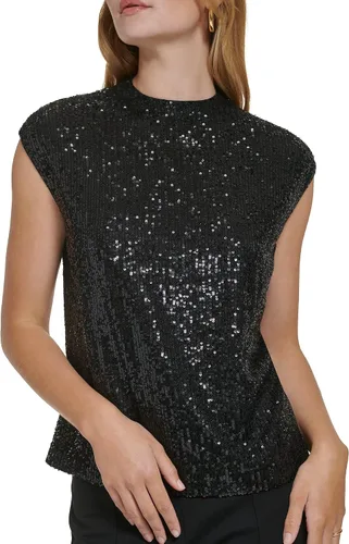 Vista 5 de Calvin Klein Elegante blusa sin mangas de malla con lentejuelas brillantes para mujer