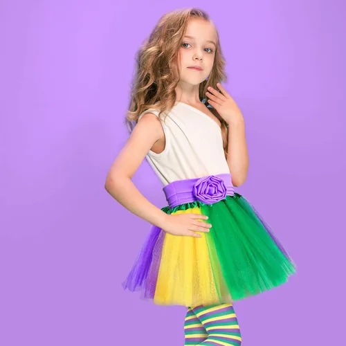 Vista 5 de Juego de 2 piezas de disfraz de Mardi Gras, falda tutú de bailarina colorida y medias a rayas por encima de la rodilla para eventos y fiestas