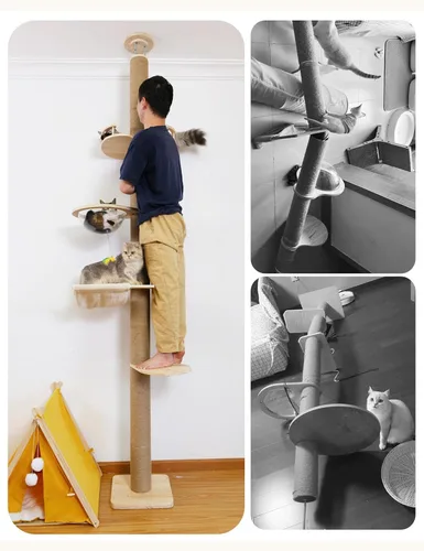 Vista 9 de Árbol para gatos del piso al techo con poste rascador de cuerda de sisal natural, altura ajustable (55-119 pulgadas), árbol de actividades