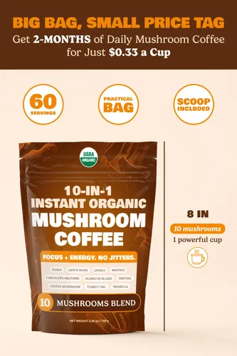 Vista 3 de ShroomDNA - Café de hongos orgánico 10 en 1 certificado por USDA, café instantáneo de hongos tostado oscuro brasileño para una mejor energía