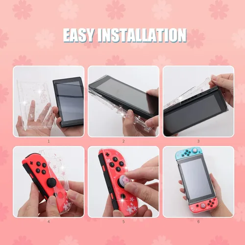 Vista 4 de ECHZOVE Bonita funda para interruptor con purpurina y flores de cerezo – Funda protectora transparente acoplable con protector de pantalla y agarres