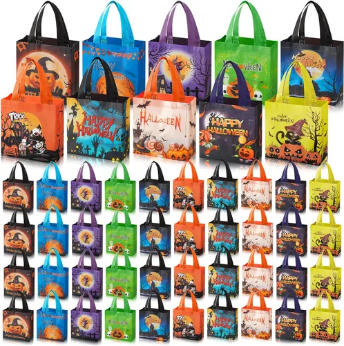 Vista 7 de Sweetude 50 bolsas de Halloween para dulce o truco, bolsas de regalo de Halloween a granel con asas para fiesta, reutilizables, bolsa de dulces
