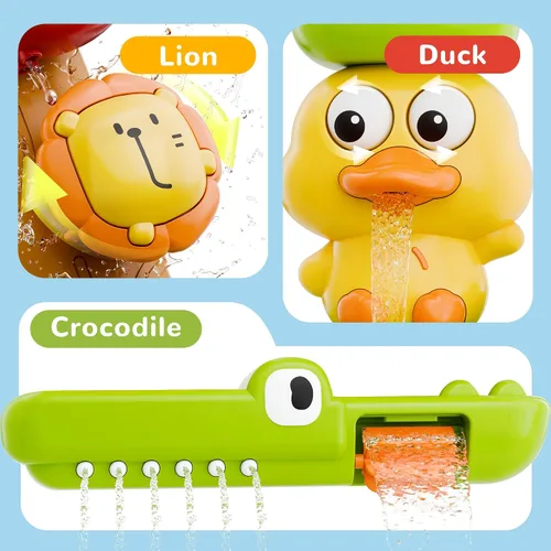 Vista 5 de iPlay, iLearn Juguete de baño para niños pequeños de 1 a 3 años, juguete de bañera de pato con ventosa, juego de bañera para niños, juego de ducha