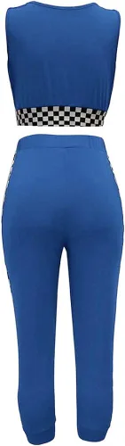 Vista 5 de SCORP Conjunto de 2 piezas para mujer con cuello redondo y pantalones ajustados con cordón, Azul Patchwork, M