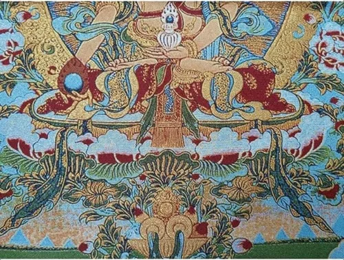 Vista 3 de GEEYOU Bordado de seda tibetano Thangka budismo Maitreya Bodhisattva Longevidad Buddha Tangka Yoga Budista Tapiz colgante de pared Arte de pared