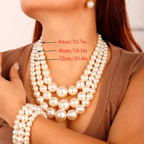 Vista 4 de Wiwpar 3 piezas de collar de perlas de gran capa para mujer, collar de perlas gruesas, pulsera y aretes, juego de joyas de los años 20, collar