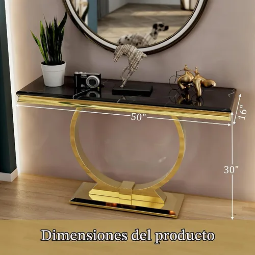Vista 2 de ACEDÉCOR Mesa consola dorada, mesa de entrada de mármol sintético negro de lujo de 50 pulgadas con base de acero inoxidable en forma de U dorada