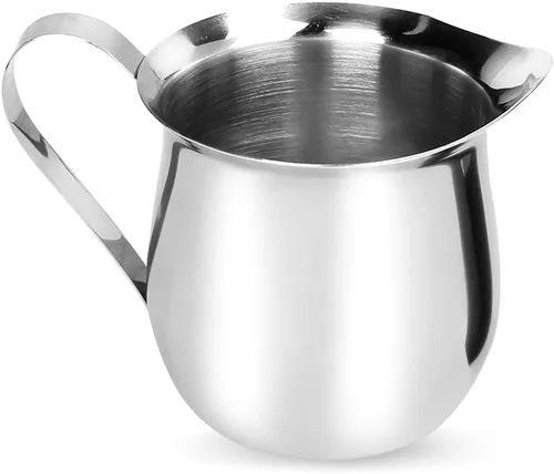 Vista 9 de Rolin Roly Jarra de espuma de leche de 4.5 onzas de acero inoxidable, pequeña jarra de café en forma de campana para barista, capuchino, tazas
