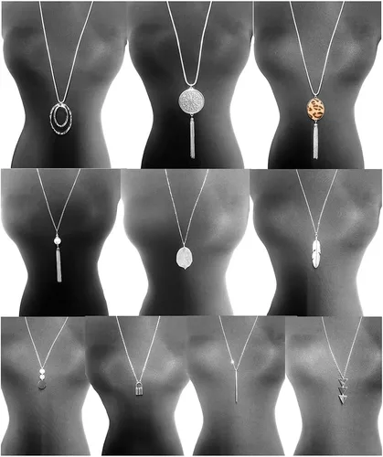 Vista 7 de 10 piezas de collar largo con dije de barra de luna simple, tres triángulos, borla bloqueo, suéter en forma de Y, gargantilla de cadena punk