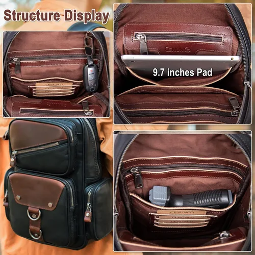 Vista 4 de CENUNCO Bolso bandolera de cuero genuino para hombre, mochila cruzada, casual, senderismo, motocicleta, bolsa de pecho antirrobo, bolso de viaje