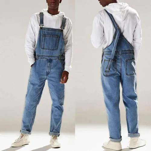 Vista 2 de Overol con peto para hombre, pantalones cortos de mezclilla para novio, elásticos, pantalones de mezclilla clásicos, overol para hombre, grande