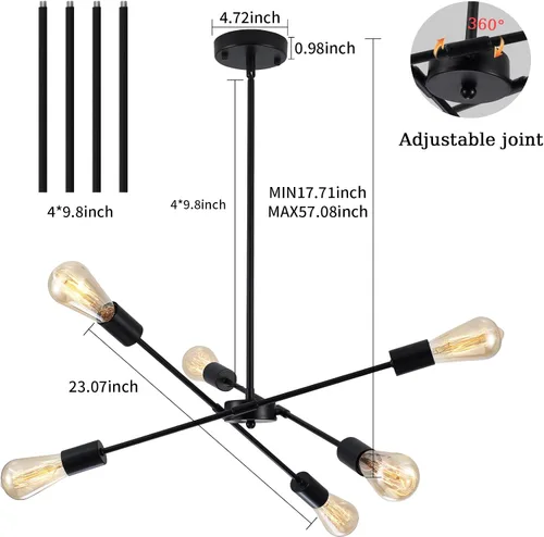 Vista 5 de Candelabros Sputnik - Moderna lámpara de techo Sputnik de 6 luces para sala de estar - Lámpara Sputnik industrial negra para comedor, dormitorio