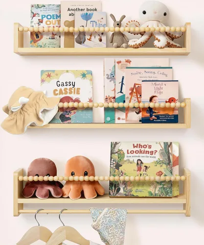 Vista 10 de Juego de 3 estantes para libros de guardería para pared, estantes de madera natural, decoración de pared, pequeño organizador flotante
