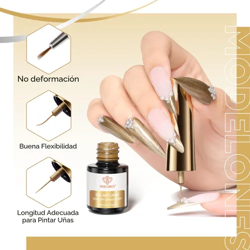 Vista 3 de modelones Esmalte de Uñas en Gel Metálico Dorado Plateado 2 Piezas Espejo Cromado Efecto 3D Esmalte de Arte de Uñas Bronce Pincel Fino Para