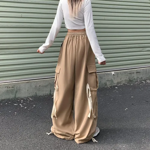 Vista 9 de Pantalones de mujer Y2k Cargo Gothic Baggy Pantalones de cintura alta Harajuku Streetwear Pantalones de paracaídas para hombre