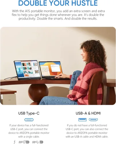 Vista 2 de ARZOPA Soporte para Monitor Portátil con Base, Monitor Portátil Ultradelgado de 14.0" para Laptop FHD 1080P Pantalla Externa con Altavoces Duales