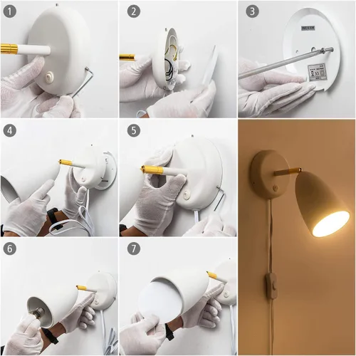 Vista 8 de Juego de 2 apliques de pared blancos con acabado giratorio de simplicidad para dormitorio, sala de estar, enchufe o cable duro E-Blanco-2 Pack