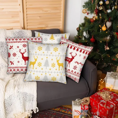 Vista 5 de PICKFORU Juego de 4 fundas cuadradas de almohada navideñas de 18 x 18 pulgadas, fundas cuadradas de invierno con ciervos navideños para sofá