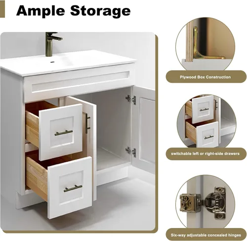Vista 4 de White Shaker - Base para lavabo de baño con cajones de 36 pulgadas, listo para montar