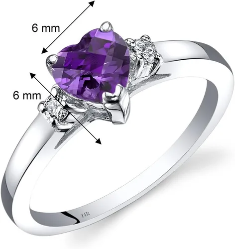 Vista 3 de Peora Anillo solitario de amatista y diamante para mujer, oro blanco de 14 quilates, piedra natal de piedras preciosas auténticas, forma redonda