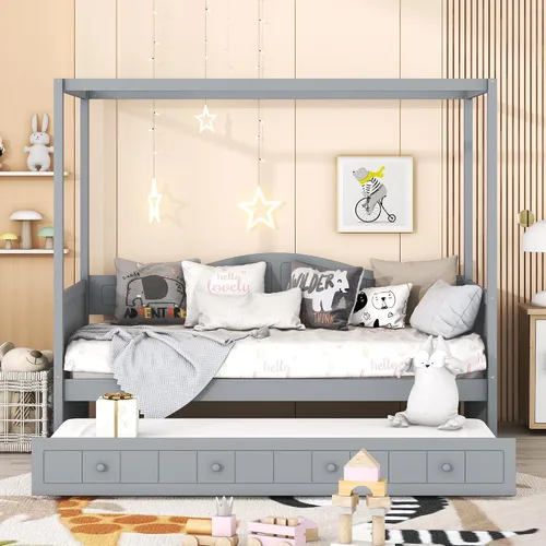 Vista 27 de VilroCaz Cama moderna de plataforma con dosel de tamaño Queen con cabecera capitoné de canal de tapicería, base de cama de metal con 4 carteles
