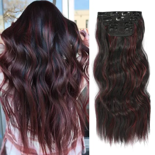 Vista 18 de Extensiones de cabello ondulado largo con clip, 4 piezas de extensiones de cabello sintético grueso con clip, para mujer (#4)