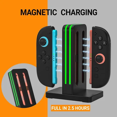 Vista 4 de Base de carga compatible con controladores Nintendo Switch 2 Joy Con, estación de carga Switch 2 con indicación LED y cable de carga, color negro