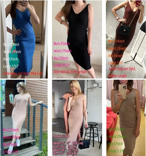 Vista 6 de RZIV Vestido de suéter sin mangas para mujer, de punto, delgado, con cuello en V, ajustado, elástico, ajustado