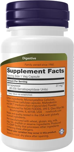 Vista 2 de NOW Foods Suplementos, Serrapeptasa 60,000 Unidades de Actividad, Promueve la Salud Respiratoria y la Función Inmune*, 60 Cápsulas Vegetales
