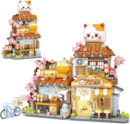 Vista 14 de Street View Cute Cat Shop Mini Bloques de Construcción, Juguetes de Construcción Creativos MOC Set de Construcción de Animales Lindos para Niñas
