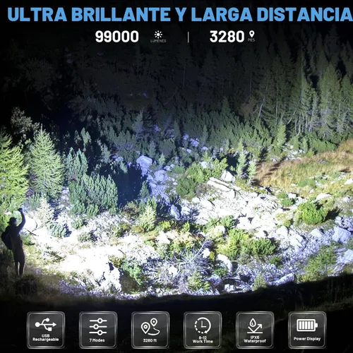 Vista 2 de Cinlinso Linternas Recargables de Alto Lúmenes, 99,000 Lúmenes Linterna LED Súper Brillante, Linterna con 7 Modos, IPX6 Impermeable, Linterna