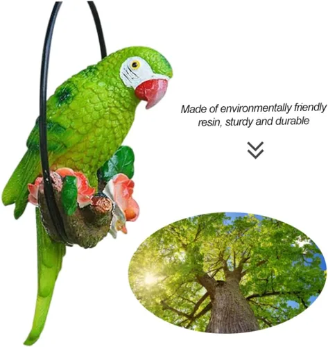 Vista 8 de Estatua de pájaro colgante, estatua colgante de perca de pájaro, anillo redondo, escultura de loro, figura de guacamayo para patio, verde, escultura