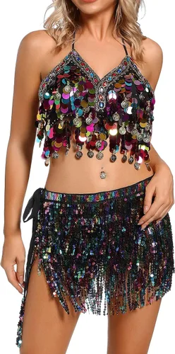 Vista 3 de Sujetador de lentejuelas con monedas para mujer, para danza del vientre, disfraz de Halloween y rave