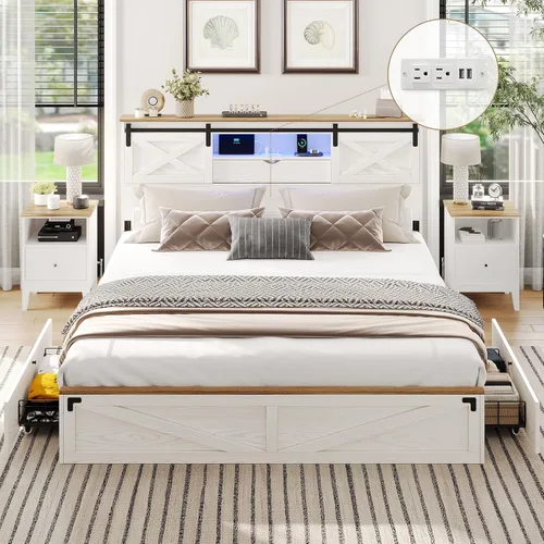 Vista 11 de Base de cama de tamaño King de estilo granja de Hasuit con estante de almacenamiento, cabecero, cama de madera King con luces LED, estación de Roble